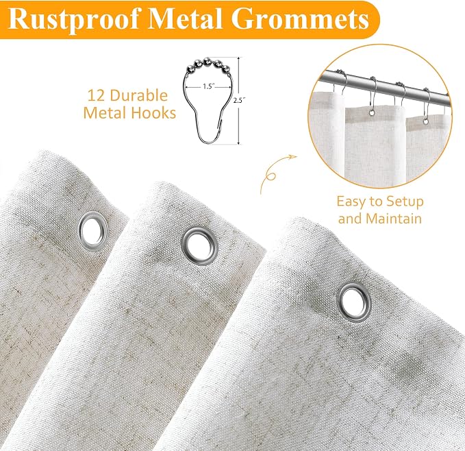 Natural Linen Shower Curtain, Country Boho Farmhouse Bath Decor Shower Curtains Neutral Cloth Weighted Textured Fabric Bath Curtain Liner with Hooks, Beige White, 72x72