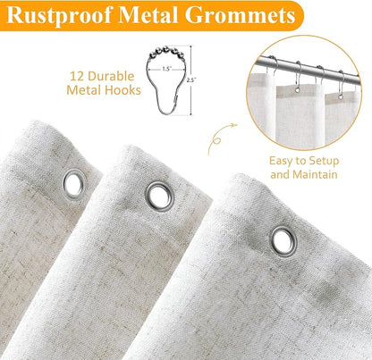 Natural Linen Shower Curtain, Country Boho Farmhouse Bath Decor Shower Curtains Neutral Cloth Weighted Textured Fabric Bath Curtain Liner with Hooks, Beige White, 72x72