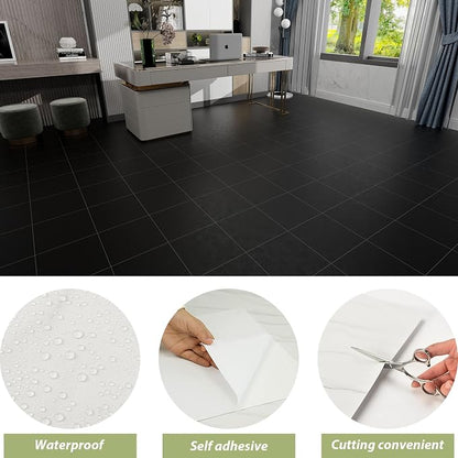 Lareko 60Sq.Ft Black Marble Peel and Stick Vinyl Floor Tiles,60 Tiles - 12" x 12",Waterfproof and Self Adhesive Vinyl Sticker Tiles,Laminate Flooring for for Kichen,Bathroom,Dining Room(Black)