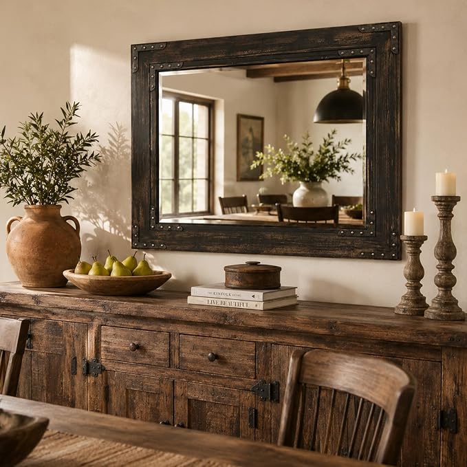 Rustic Black 30x40 Inch Wood Bathroom Vanity Mirror, Rivets | Industrial farmhouse, dark charcoal grain, larger vanities, mantels, living rooms and entry consoles