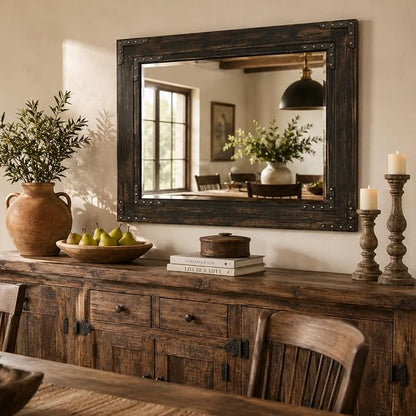 Rustic Black 30x40 Inch Wood Bathroom Vanity Mirror, Rivets | Industrial farmhouse, dark charcoal grain, larger vanities, mantels, living rooms and entry consoles