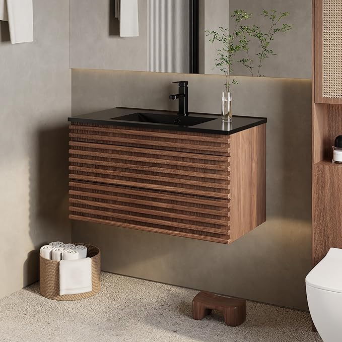 eclife 36" Floating Bathroom Vanity with Sink Combo, Mid-Century Wall Mounted Cabinet with Wood Stripes Decor, Drawers, Undermount Single Black Sink, Faucet, Drain, Cocoa Brown