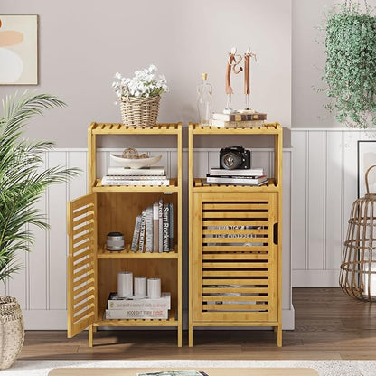 VIAGDO Bamboo Cabinet, Bathroom Storage Cabinet with Single Door and Shelf, Freestanding Bathroom Cabinet, Kitchen Cupboard, Sofa Side Table for Living Room/Hallway/Kitchen