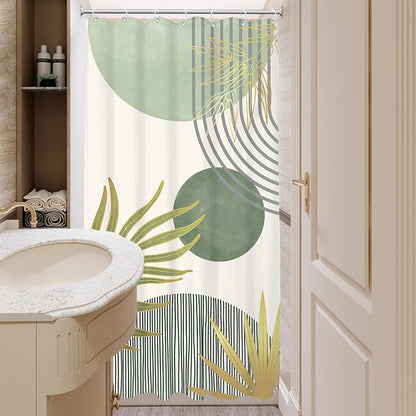 KOMLLEX Mid Century Mint Green Boho Small Stall Bathroom Shower Curtain Set | 36Wx72H Half Abstract design, waterproof HD print with fast-drying fabric and 12 hooks.