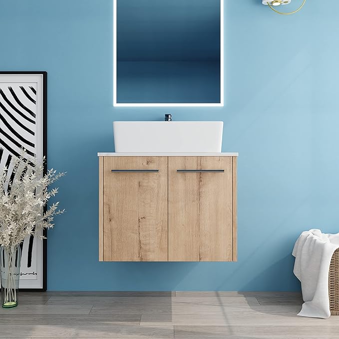 24" Floating Vanity with Sink, 24 Inch Bathroom Vanity with Sink, Modern Plywood Floating Cabinet with Sintered Stone Countertop and White Ceramic Basin, Soft Close Doors