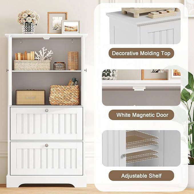 Treocho Bathroom Floor Cabinet with 2 Drawers and Adjustable Shelf | Bathroom Storage Cabinet, Freestanding Cupboard Pantry for Kitchen, Living Room, Dining Room, White