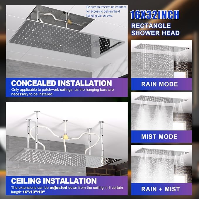 Dual Functions Luxury High Pressure Rain Shower Head, 16"x32" Large Ceiling Full Body Shower Head with Silicone Nozzles Rectangle Mist Showerhead, Modern Chrome Finish
