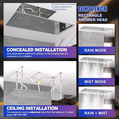 Dual Functions Luxury High Pressure Rain Shower Head, 16"x32" Large Ceiling Full Body Shower Head with Silicone Nozzles Rectangle Mist Showerhead, Modern Chrome Finish