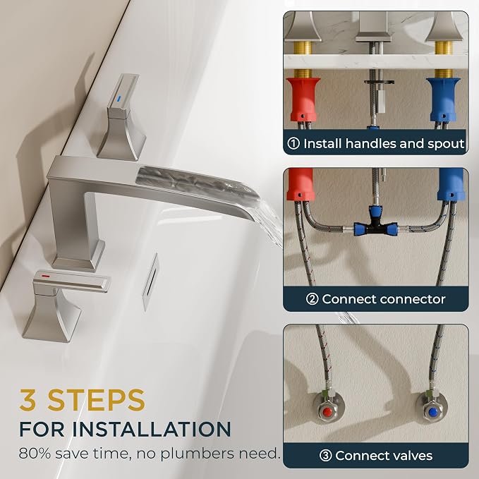 FORIOUS Roman Bathtub Faucet 3 Hole Deck Mount with 2 Handle Brushed Nickel | Tub Faucet for 3-Hole Set, 6-12" Centered Distance, Widespread Garden Bath Tub, Waterfall Spout, High Flow, Brass