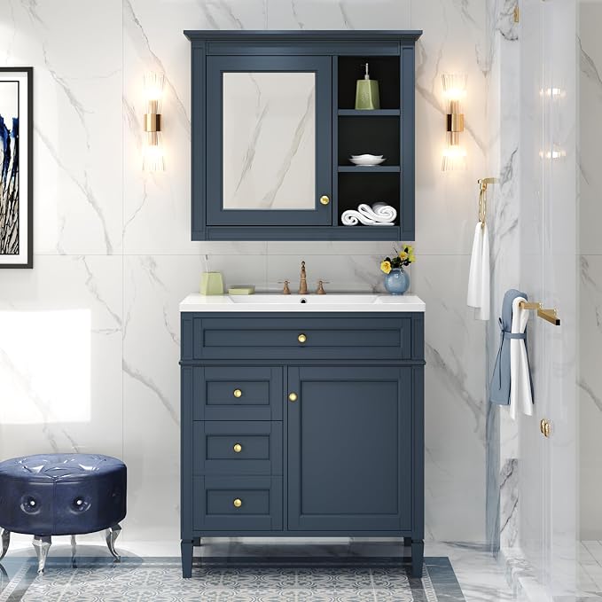 Merax 30 Inch Bathroom Vanity with Sink Set, Modern Bathroom Vanity Storage Cabinet with Matching Mirror Medicine Cabinet, Solid Wood Frame，Painted Finish, 2 Drawers and 1 Tip-Out Drawer, Navy Blue