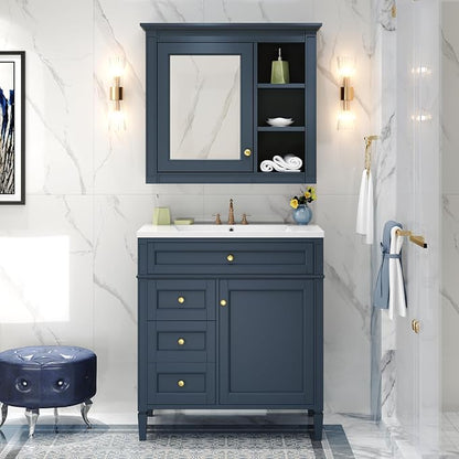 Merax 30 Inch Bathroom Vanity with Sink Set, Modern Bathroom Vanity Storage Cabinet with Matching Mirror Medicine Cabinet, Solid Wood Frame，Painted Finish, 2 Drawers and 1 Tip-Out Drawer, Navy Blue