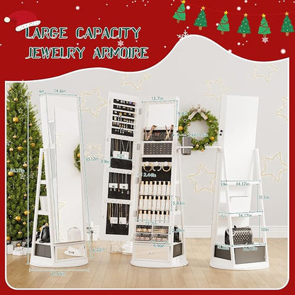 Mirror Jewelry Cabinet Standing, 360° Swivel Jewelry Armoire | with Drawer LED Lights, Lockable Jewelry Organizer with Storage Shelves