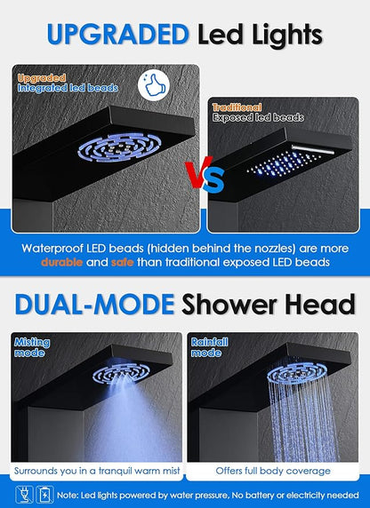 ROVOGO LED Shower Panel Tower System with Mist Rainfall Shower Head, Body Jets, Handheld and Tub Spout, No Battery Led Lights and Digital Display, Simultaneous Shower Column Stainless Steel, Black