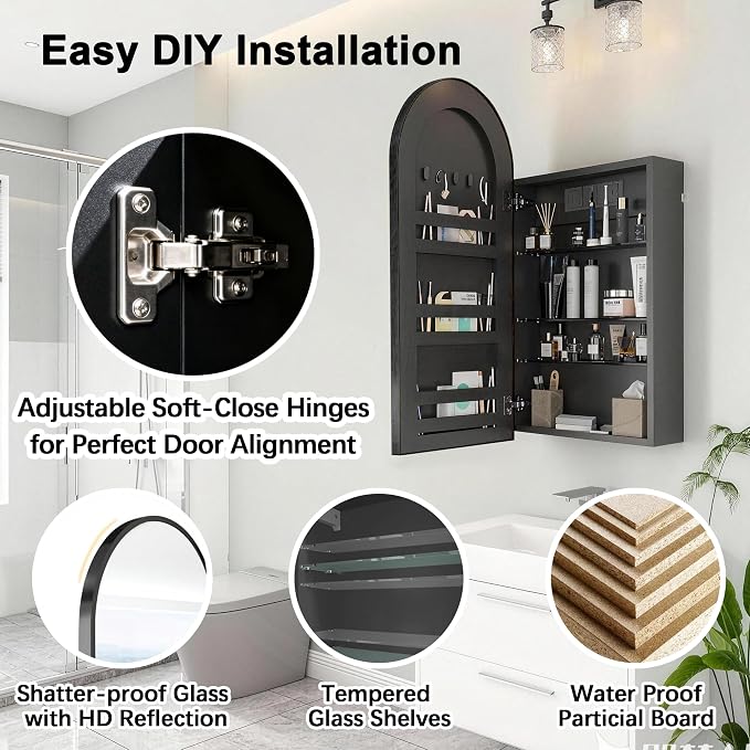 FKWin Medicine Cabinet Mirror with Power Outlet, Surface Mount, 20x34 Inch | Built-in Power Outlet, Adjustable Bathroom Storage, Reversible Left or Right Door, Surface Mount Design