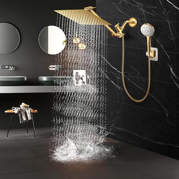 12'' Gold Shower Head with 11'' Extension Arm and 5 Setting Handheld shower | High Pressure Rainfall Shower Head Combo with Handheld, High Pressure Rain Showerhead with 60 Inch Shower Hose. Anti-Leak