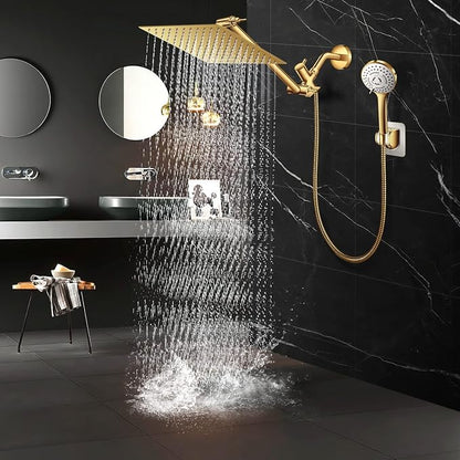 12'' Gold Shower Head with 11'' Extension Arm and 5 Setting Handheld shower | High Pressure Rainfall Shower Head Combo with Handheld, High Pressure Rain Showerhead with 60 Inch Shower Hose. Anti-Leak