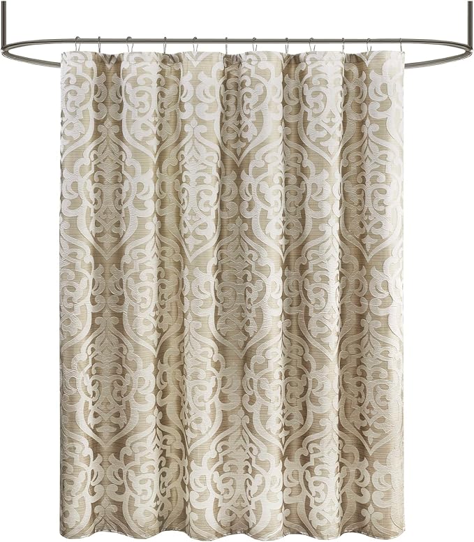 Madison Park Fabric Damask Medallion Shower Curtain, 72"x72" Tan/Ivory | Luxe Textured Jacquard, Machine Washable Modern Home Bathroom Decor, Bathtub Privacy Screen
