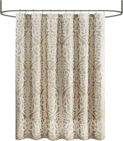 Madison Park Fabric Damask Medallion Shower Curtain, 72"x72" Tan/Ivory | Luxe Textured Jacquard, Machine Washable Modern Home Bathroom Decor, Bathtub Privacy Screen