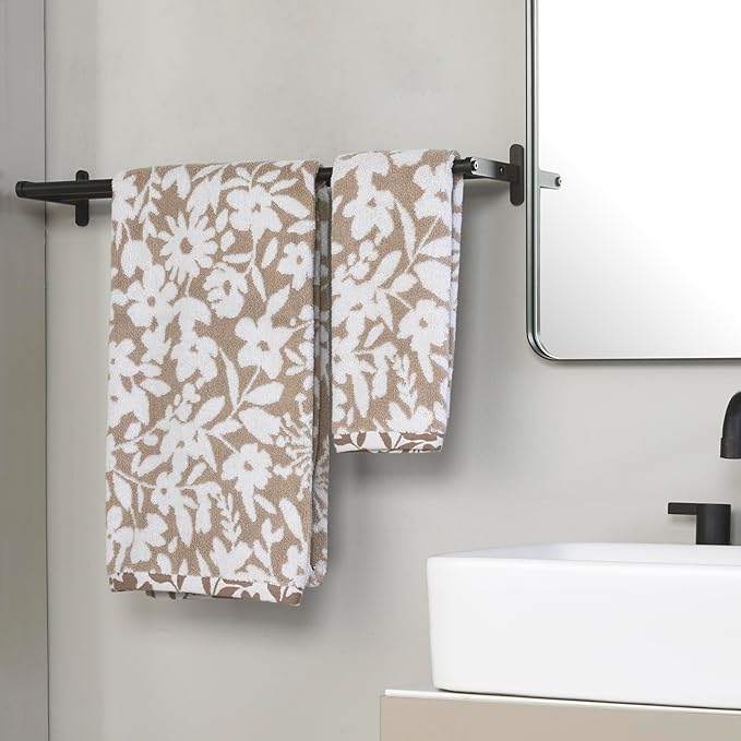 SKL Home Bedford Floral Bath Towel, Premium 100% Cotton, Tan | 600 GSM weight. Spa-level quality. Soft, & absorbent, reversible jacquard.