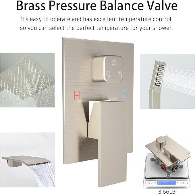 Rain Shower System High Pressure Shower Head 10 inch with Tub Spout,Wall Mounted Waterfall Bathroom Shower Faucet Sets Complete with Handheld Spray,Shower Valve and Trim kit,Brushed Nickel | Safe Pressure Balance Valve Bathroom Shower Faucet Set with H...