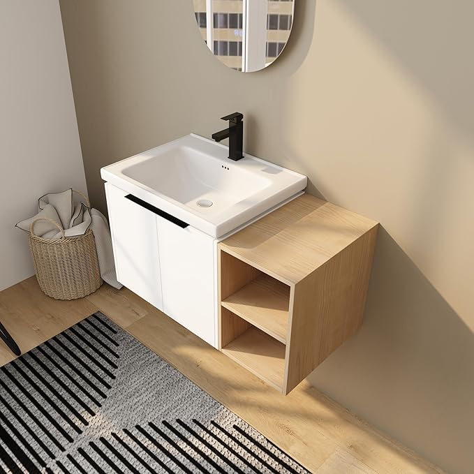 36 Inch Bathroom Vanity with Sink Combo,Wall-Mounted Bathroom Vanity with Soft Close Doors&2 Side Shelf,Modern Floating Bathroom Vanity with Top Basin & Storage Cabinet,White