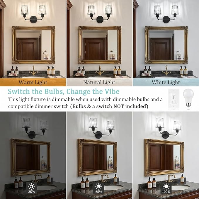 Black Vanity Lights, 2-Light Crystal Bathroom Light Fixtures | Modern Bathroom Vanity Light E26 Wall Light over Mirror (Exclude Bulb)
