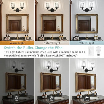 Black Vanity Lights, 2-Light Crystal Bathroom Light Fixtures | Modern Bathroom Vanity Light E26 Wall Light over Mirror (Exclude Bulb)