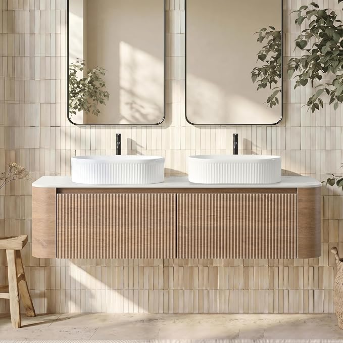 60" Floating Bathroom Vanity with Double White Sink, Honey Oak | Pre-Assembled Fluted Wall Mounted Vanity with Sintered Stone Countertop, Rounded Edges, Soft-Close Drawers & Towel Rack