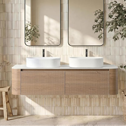 60" Floating Bathroom Vanity with Double White Sink, Honey Oak | Pre-Assembled Fluted Wall Mounted Vanity with Sintered Stone Countertop, Rounded Edges, Soft-Close Drawers & Towel Rack