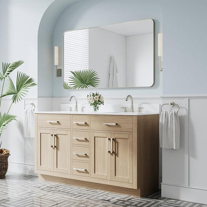 60-Inch Bathroom Vanity with Double Sinks W/ 4 Doors & 4 Drawers & 2 Flip Drawers, Oak Vanity W/Brushed Nickel Handles