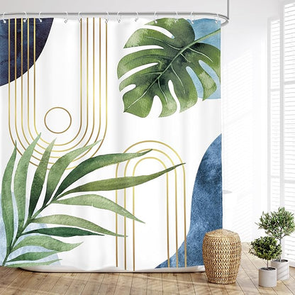 Glawry Boho Blue Green Shower Curtain Mid Century Abstract Tropical Palm Leaf Modern Minimalist Plant Botanical Bathroom Geometric 60Wx72L Inches Bath Accessories Art Home Decor Fabric 12 Pack Hooks