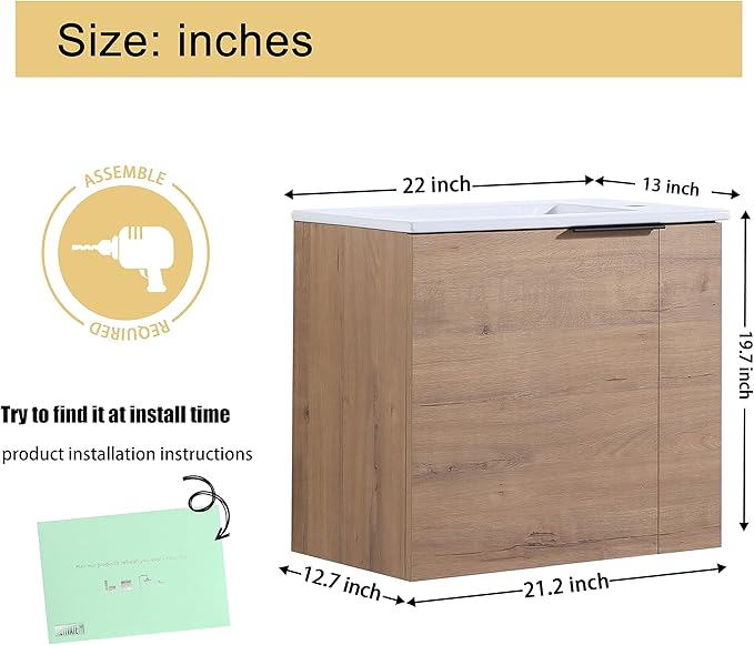 Malwee 22" Floating Bathroom Vanity with Sink, 22 Inch Single Sink Wall Mounted Bathroom Vanity, with 1 Door and White Ceramic Basin Top for Small Space, Plywood Cabinet Storage(002-22IMO)