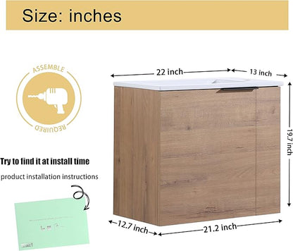 Malwee 22" Floating Bathroom Vanity with Sink, 22 Inch Single Sink Wall Mounted Bathroom Vanity, with 1 Door and White Ceramic Basin Top for Small Space, Plywood Cabinet Storage(002-22IMO)