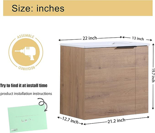 Malwee 22" Floating Bathroom Vanity with Sink, 22 Inch Single Sink Wall Mounted Bathroom Vanity, with 1 Door and White Ceramic Basin Top for Small Space, Plywood Cabinet Storage(002-22IMO)