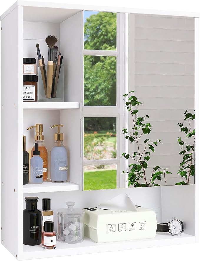 SMIBUY Bathroom Mirror Cabinet Wall Mounted, Bamboo Space Saver Medicine Cabinet, Wall Hanging Over Toilet Storage Cabinet with Mirror Door and Adjustable Shelf (White)