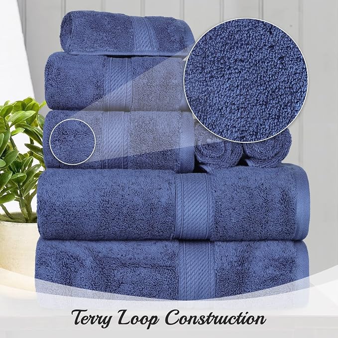 SUPERIOR Egyptian Cotton Ultra Plush & Absorbent, 8 Piece Set, Navy Blue | Quick Dry, Soft Luxury Towel Set, Bath Essentials, Guest Bath, Spa, 2 Bath, 2 Hand, 4 Face Towels, Madeline Towels