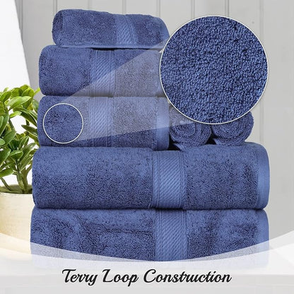 SUPERIOR Egyptian Cotton Ultra Plush & Absorbent, 8 Piece Set, Navy Blue | Quick Dry, Soft Luxury Towel Set, Bath Essentials, Guest Bath, Spa, 2 Bath, 2 Hand, 4 Face Towels, Madeline Towels