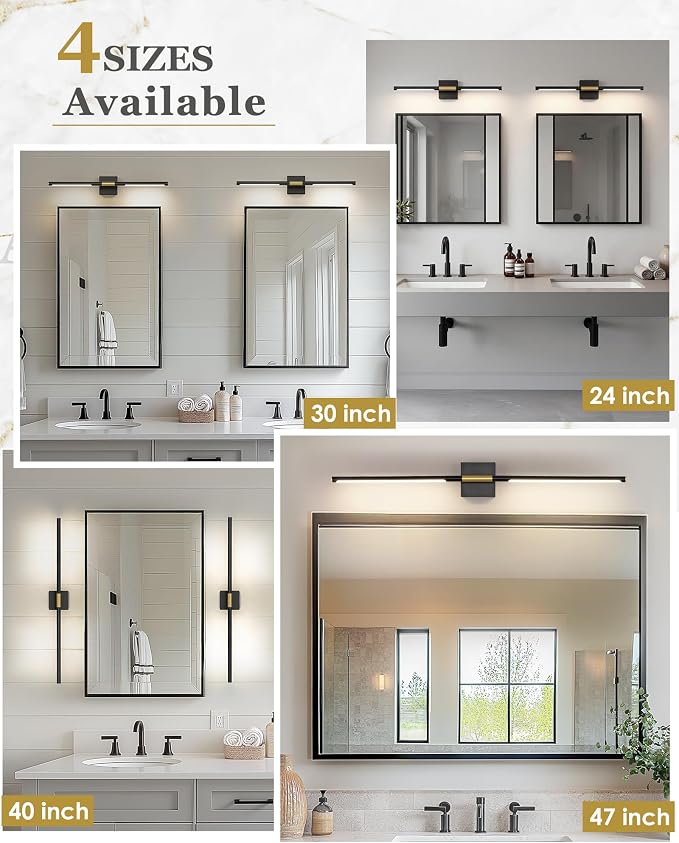 24 Inch Bathroom Light Fixtures, 16W 3CCT Dimmable CRI90 Black and Gold LED Vanity Lighting Fixtures Over Mirror, 360° Rotatable Modern Bathroom Vanity Light Bar, AD-W9465-L60-BK