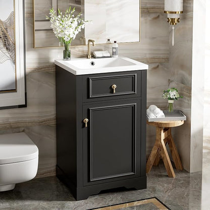 Merax Modern 20'' Bathroom Vanity with Single Sink Combo, Solid Wood Bathroom Storage Cabinet with Soft Close Door & Adjustable Shelf, Freestanding Vanities Set with Door-Mounted Storage Rack, Black