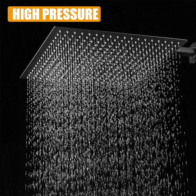 16 In Rain Shower Head High Pressure Rainfall Shower Head Matte Black | Square Rain Bathroom Showerhead, High Flow, Large Stainless Steel, Ceiling Mounted, Wall Mounted, Waterfall Full Body