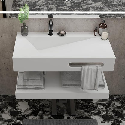 QJ&XY Resin Bathroom Sink 36" Wall Mounted V-Shaped White Basin with Towel Rack, Floating Vanity Sink in Soft-Touch Finish (Double Tier)
