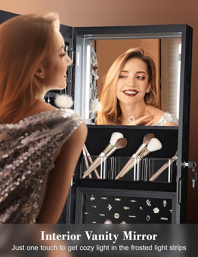 Nicetree 360° Swivel Jewelry Cabinet with Lights, Full Length Mirror, Black | Standing Mirror Jewelry Cabinet, Lockable Mirror with Storage, Lighted Interior Mirror, Rear Shelves, Flip-over Shelf
