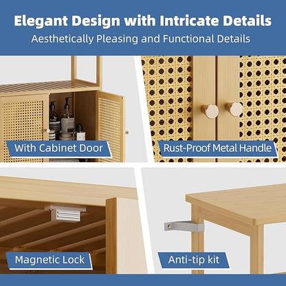 HITNET Rattan Bathroom Storage Cabinet, Bamboo Floor Cupboard with 2 Doors, Freestanding Side Organizer for Living Room, Kitchen, Entryway, Natural