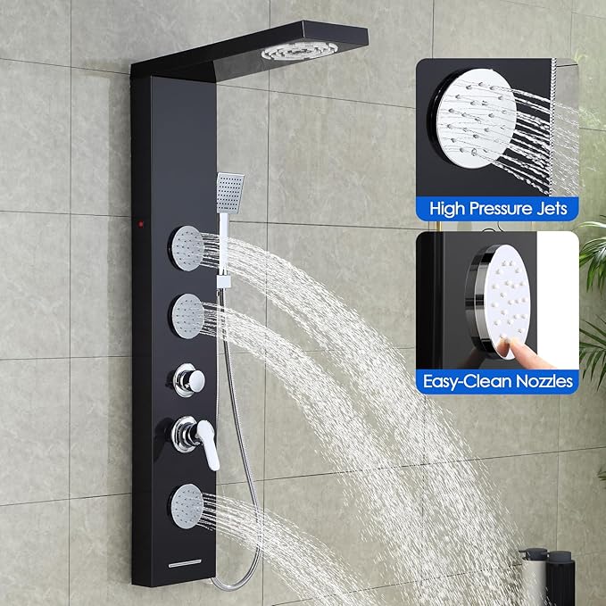 ROVOGO Shower Panel Tower System with Led Lights, 2-Mode Shower Head, 3 Body Jets, Handheld and Tub Spout, 46.5"H x 7.8"W Stainless Steel Shower Column with Mixer Valve, Black