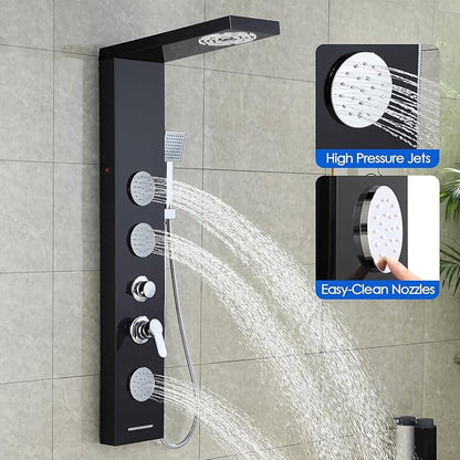 ROVOGO Shower Panel Tower System with Led Lights, 2-Mode Shower Head, 3 Body Jets, Handheld and Tub Spout, 46.5"H x 7.8"W Stainless Steel Shower Column with Mixer Valve, Black