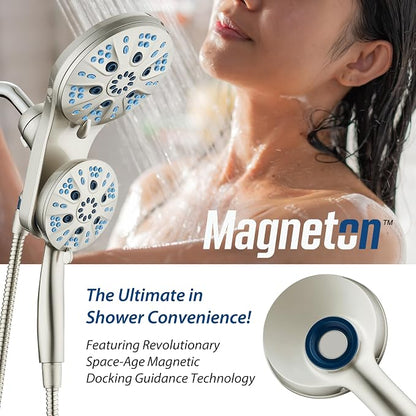 AquaCare Magneton 48-Mode High Pressure Rain & Handheld Shower Head Combo | Space-age Magnetic Guidance Docking, Dual 6-mode Heads with Hygienic Jets, Extra-long 6 ft. Stainless Steel Hose / Nickel