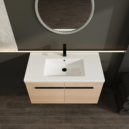 Henf 36 inch Bathroom Vanity with Sink, Wall Mounted Solid Wood Bathroom Vanities with White Integrated Sink and Storage Cabinet,Floating Modern 2 Doors Bathroom Cabinet Set with Black Handle,Oak
