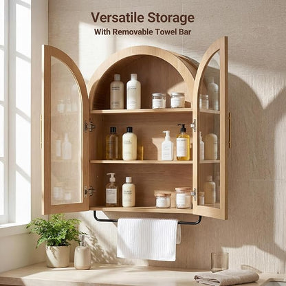 Seang Bathroom Arched Wall Cabinet,23.6" Modern Medicine Cabinet with Towel Bar and Adjustable Shelf,Over The Toilet Wall Storage Cabinet for Laundry Room,Living Room,Kitchen,Natural
