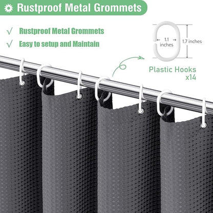 Extra Wide Waffle Shower Curtain 256GSM Fabric 84x72 Charcoal Grey | 84 Inch Wide, Thick Cloth, Weighted Hem, Water Repellent, Hotel Luxury Polyester Shower Curtain Set for Bathroom 14 Hooks