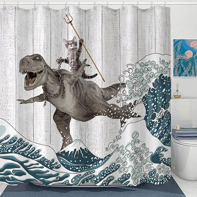 Fungarth Funny Cat Shower Curtain Dinosaur Ocean Sea Wave Shower Curtains for Bathroom Cool Waterproof Fabric Rustic Wooden Farmhouse Bath Curtain Decor with Hooks (Gray1, 72” x 72”)